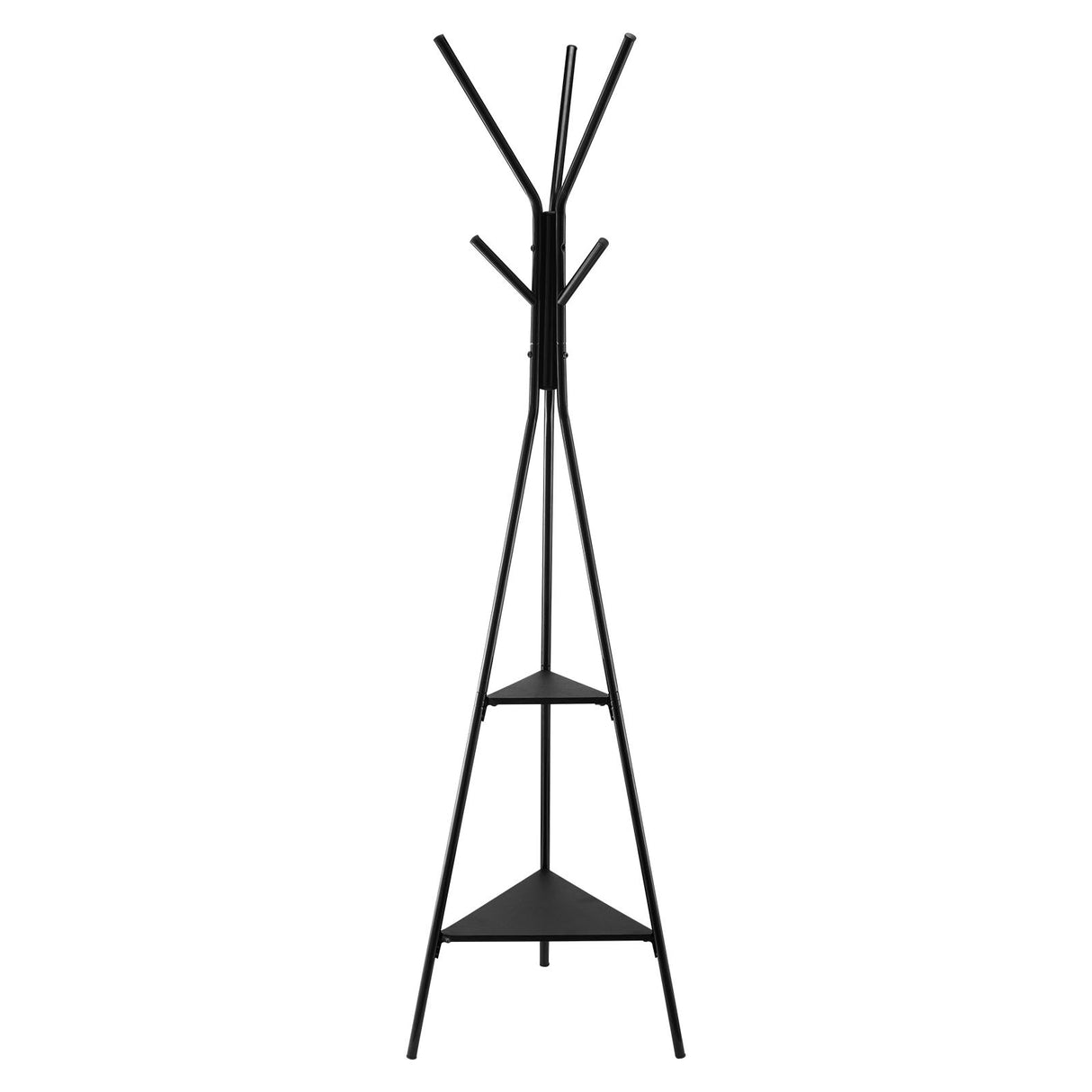 A black metal coat rack with a tripod base, 
