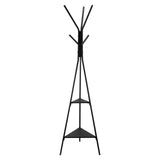 A black metal coat rack with a tripod base, 