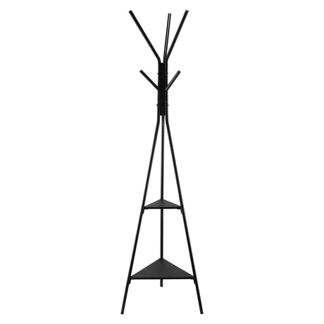 A black metal coat rack with a tripod base, 