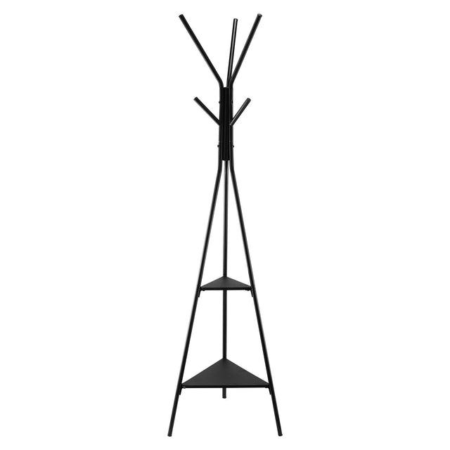 A black metal coat rack with a tripod base, 