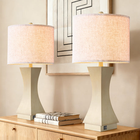 Beige Resin Dimmable USB Table Lamps — lit pair on a console