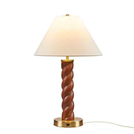 Table lamp with wooden spiral base and white shade on a white background