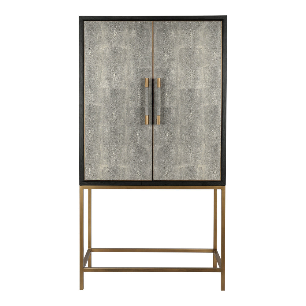 A two-door cabinet with textured gray shagreen doors, a black frame