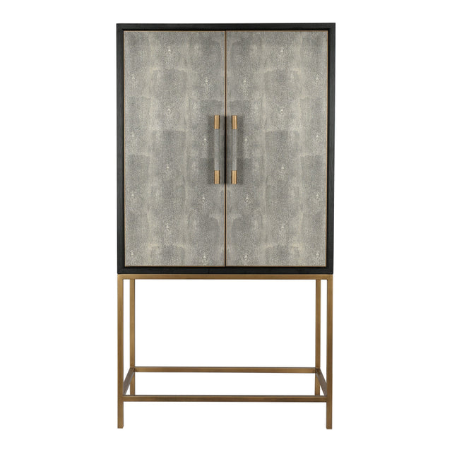 A two-door cabinet with textured gray shagreen doors, a black frame