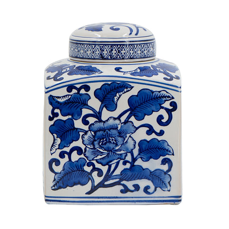 Hand Painted Square Canister - Blue/White Floral Pattern - OROA