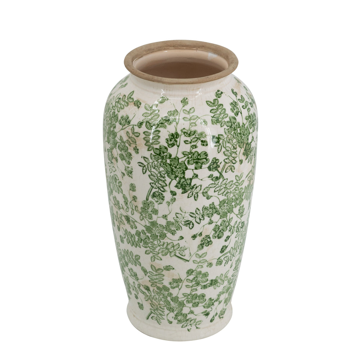 White Ceramic Flower Vase with Green Floral Pattern - OROA