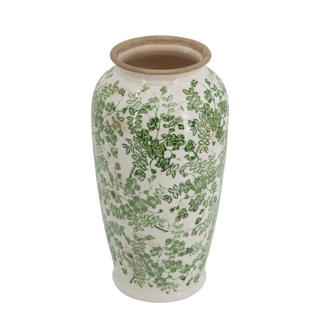 White Ceramic Flower Vase with Green Floral Pattern - OROA