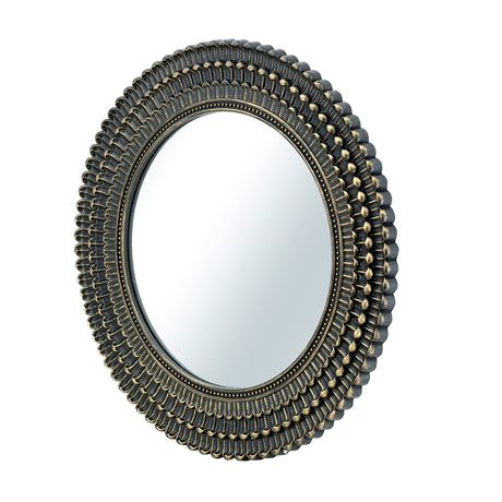 Round Black and Gold Wooden Accent Mirror with Woven Texture