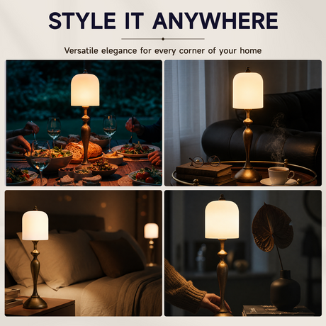 Antique bronze table lamp with white ceramic shade — styled in different room settings