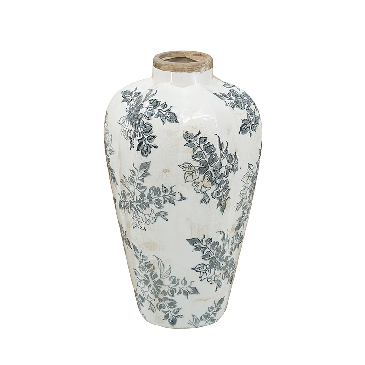 White Ceramic Accent Vase with Gray Floral Design - OROA