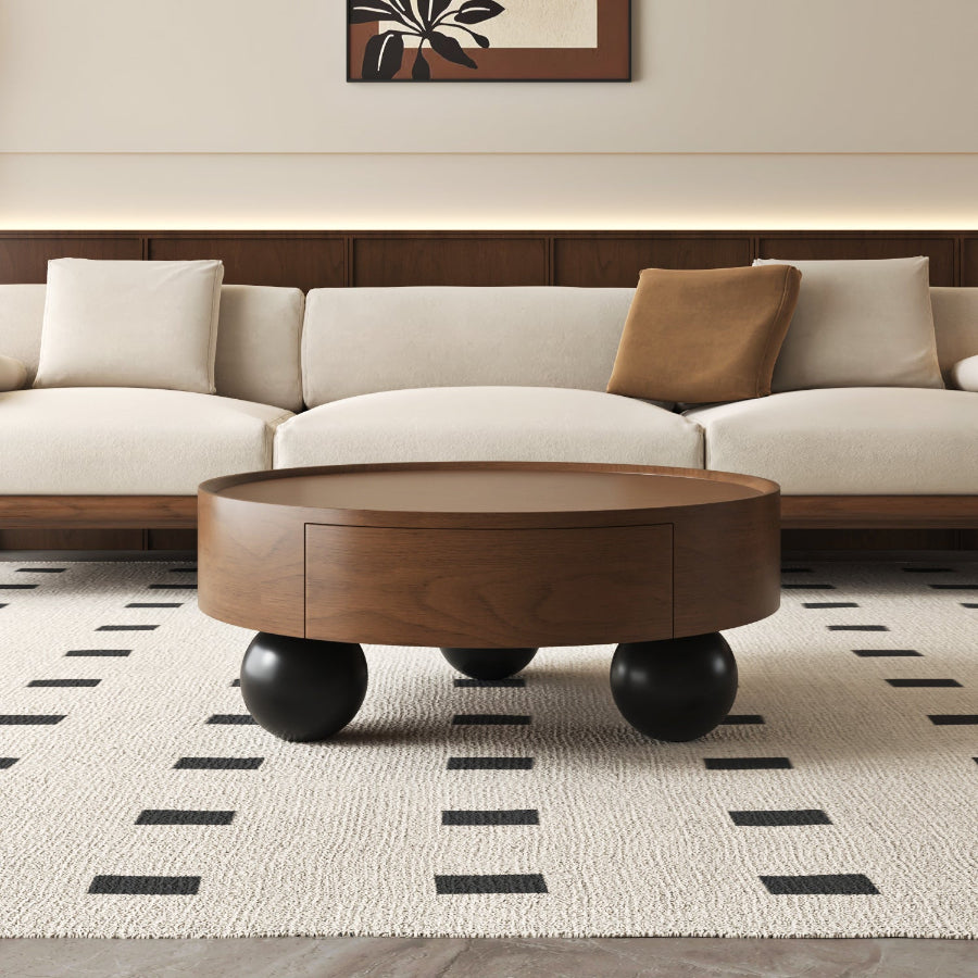 Walnut Round Coffee Table with Hidden Drawer | OROA