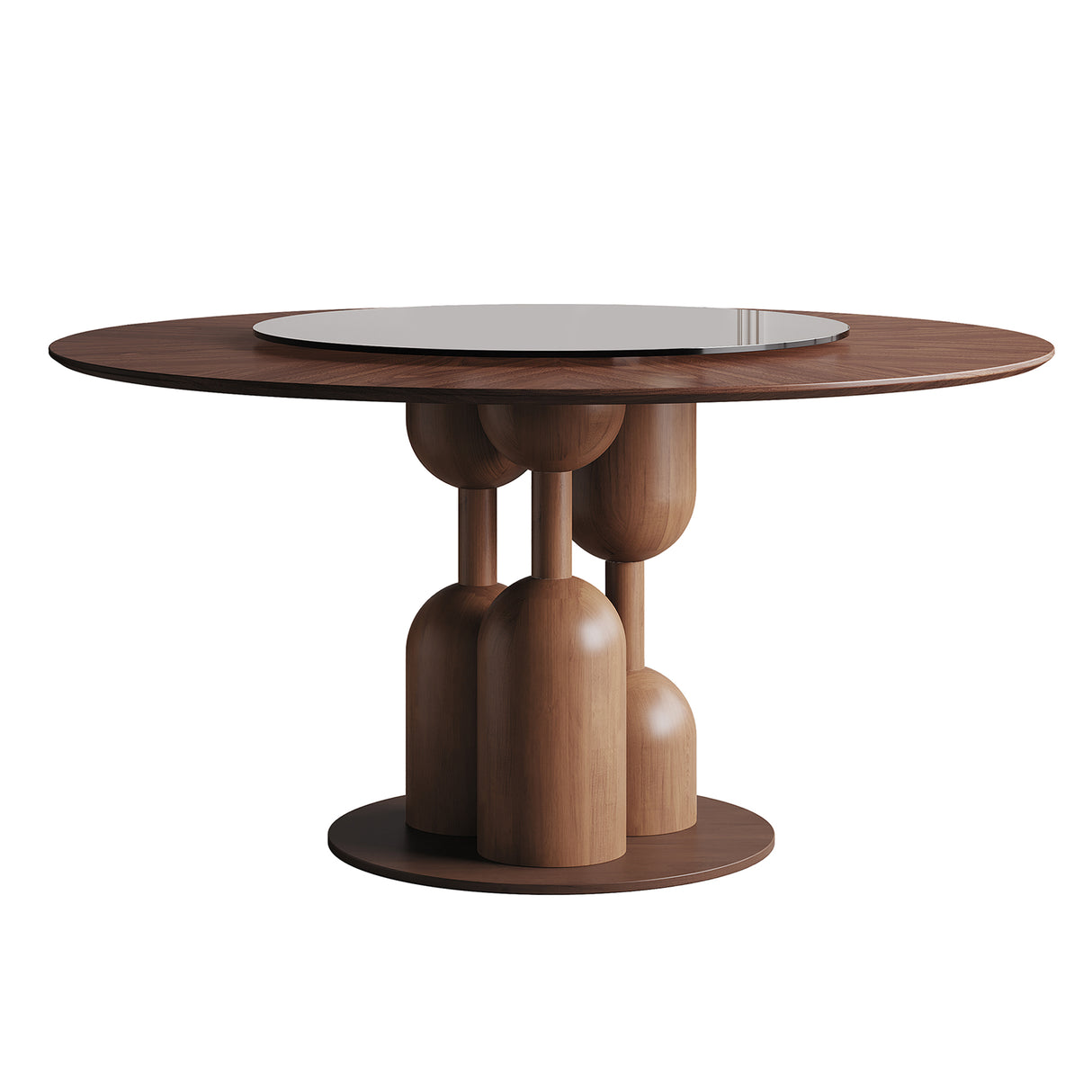 Wabi-Sabi Walnut Round Dining Table with Glass Lazy Susan – OROA – front view