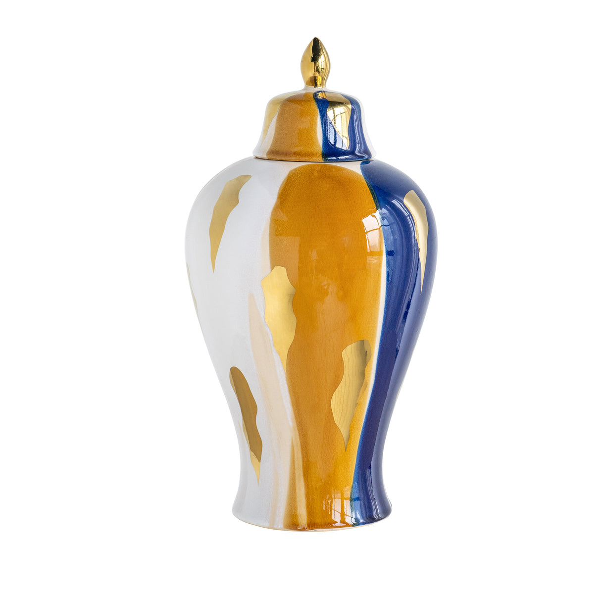 A glossy ceramic lidded jar with an abstract marbled pattern of gold, deep blue, and white, featuring a small gold finial on top, set against a plain white background.