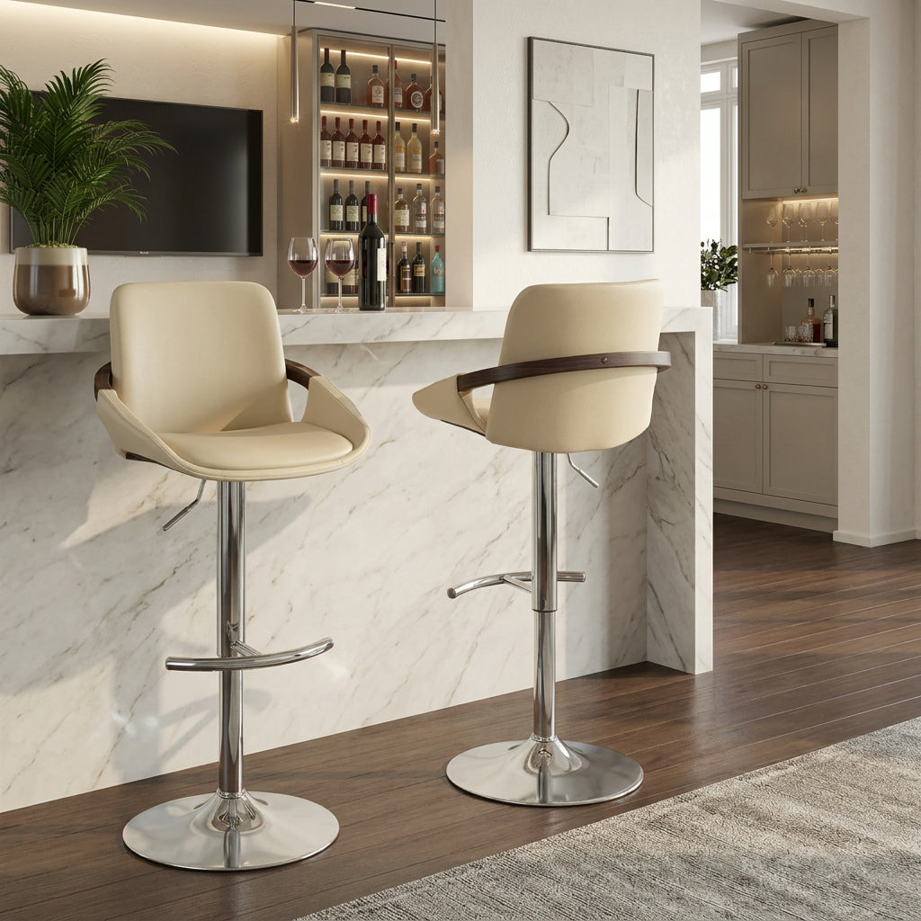 Cream Faux Leather Adjustable Swivel Barstools — pair at a kitchen counter