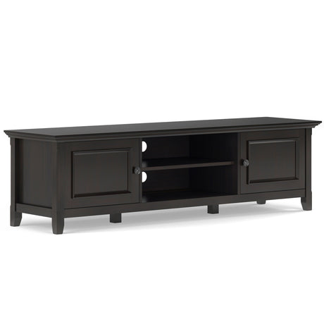 Black TV stand with two doors on a white background
