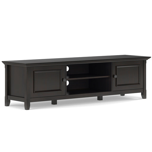 Black TV stand with two doors on a white background