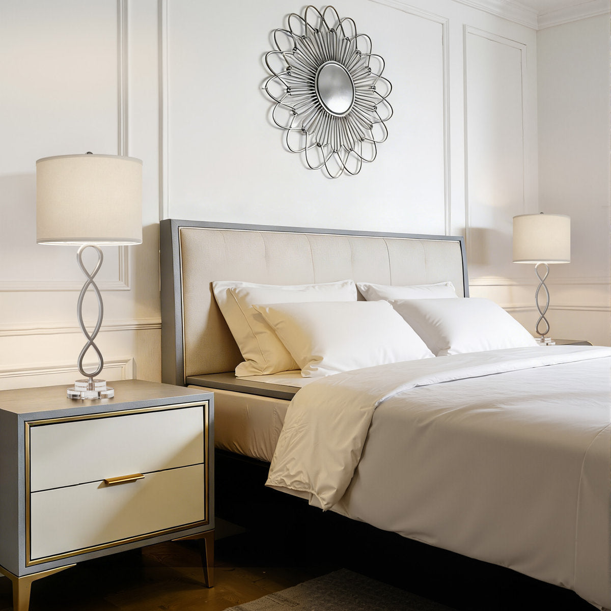 Nickel Crystal-Accent Table Lamps — pair beside a bed