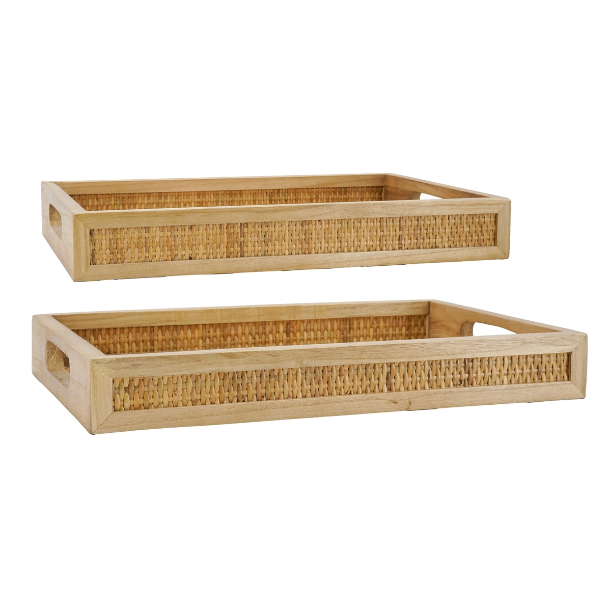 Brown Woven Rattan Trays with Handles — pair showing woven sides