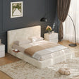 Cream Chenille Queen Bed with Sliding Side Trays – OROA, view 2