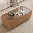Wooden coffee table with decorative items in a living room setting
