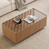 Wooden coffee table with decorative items in a living room setting