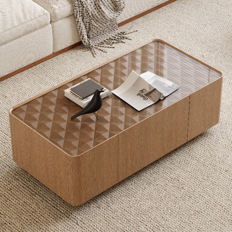 Wooden coffee table with decorative items in a living room setting