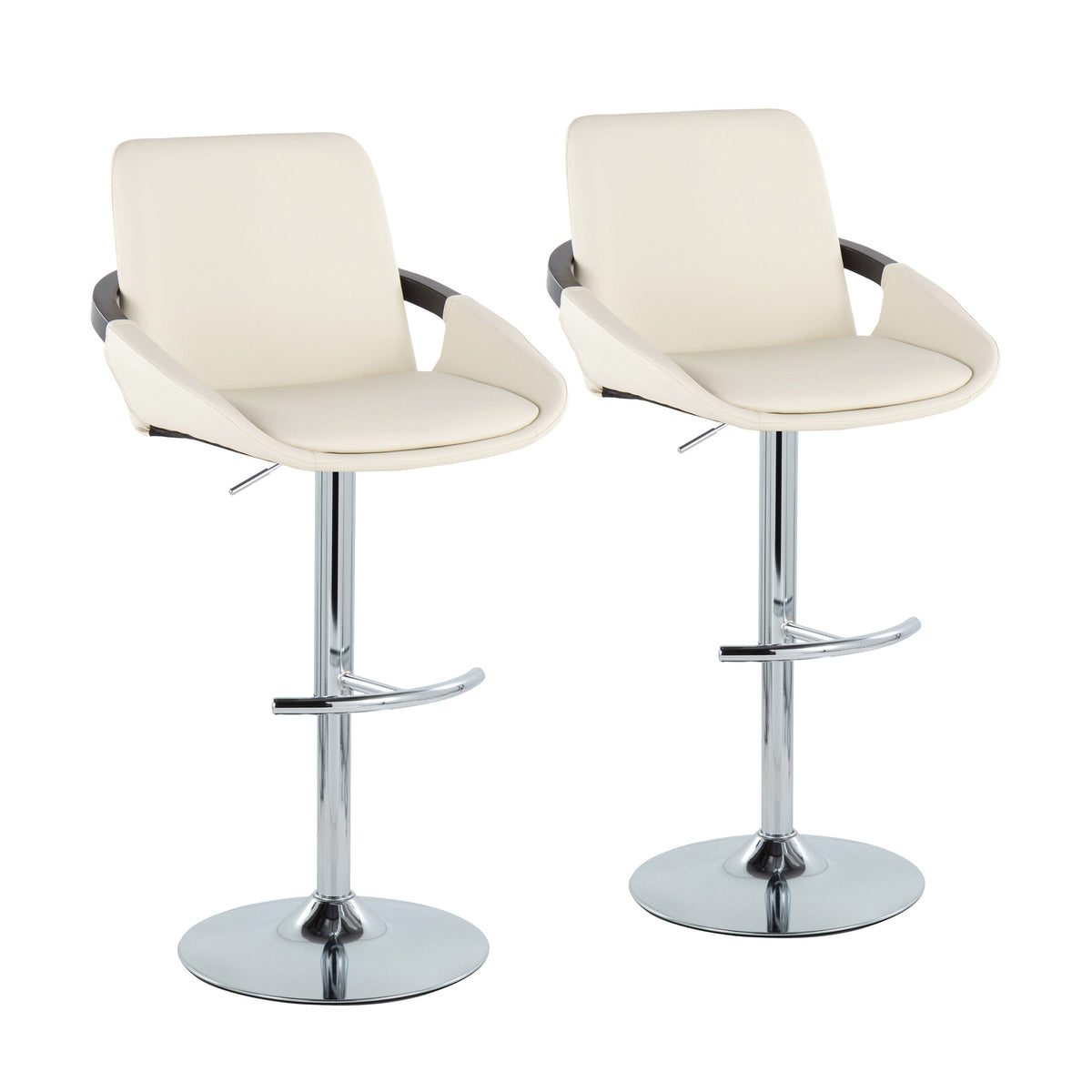 Cream Faux Leather Adjustable Swivel Barstools — pair on a white background