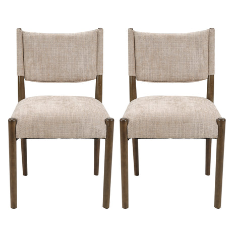 Upholstered dining chair with walnut-finish legs — two chairs viewed from the front