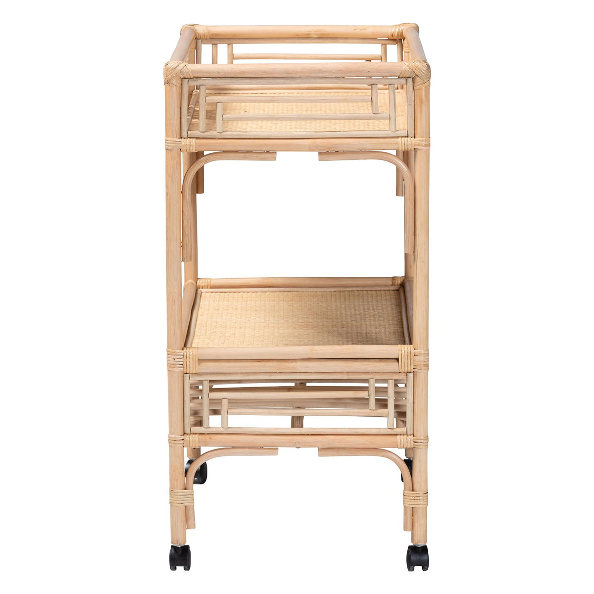 Natural Rattan 2-Tier Wine Cart with Wheels and Bottle Holders, Tropical Coastal Style - OROA Modern Furniture