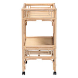 Natural Rattan 2-Tier Wine Cart with Wheels and Bottle Holders, Tropical Coastal Style - OROA Modern Furniture