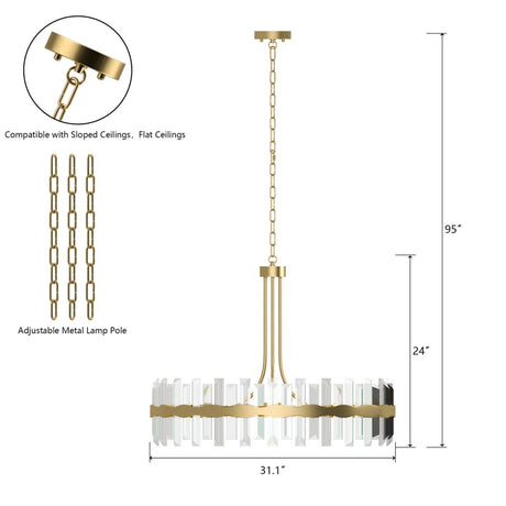 Gold Eight-Light Crystal Drum Chandelier — dimension and suspension diagram