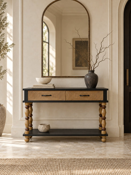 A console table with a black frame and natural wood drawer fronts.