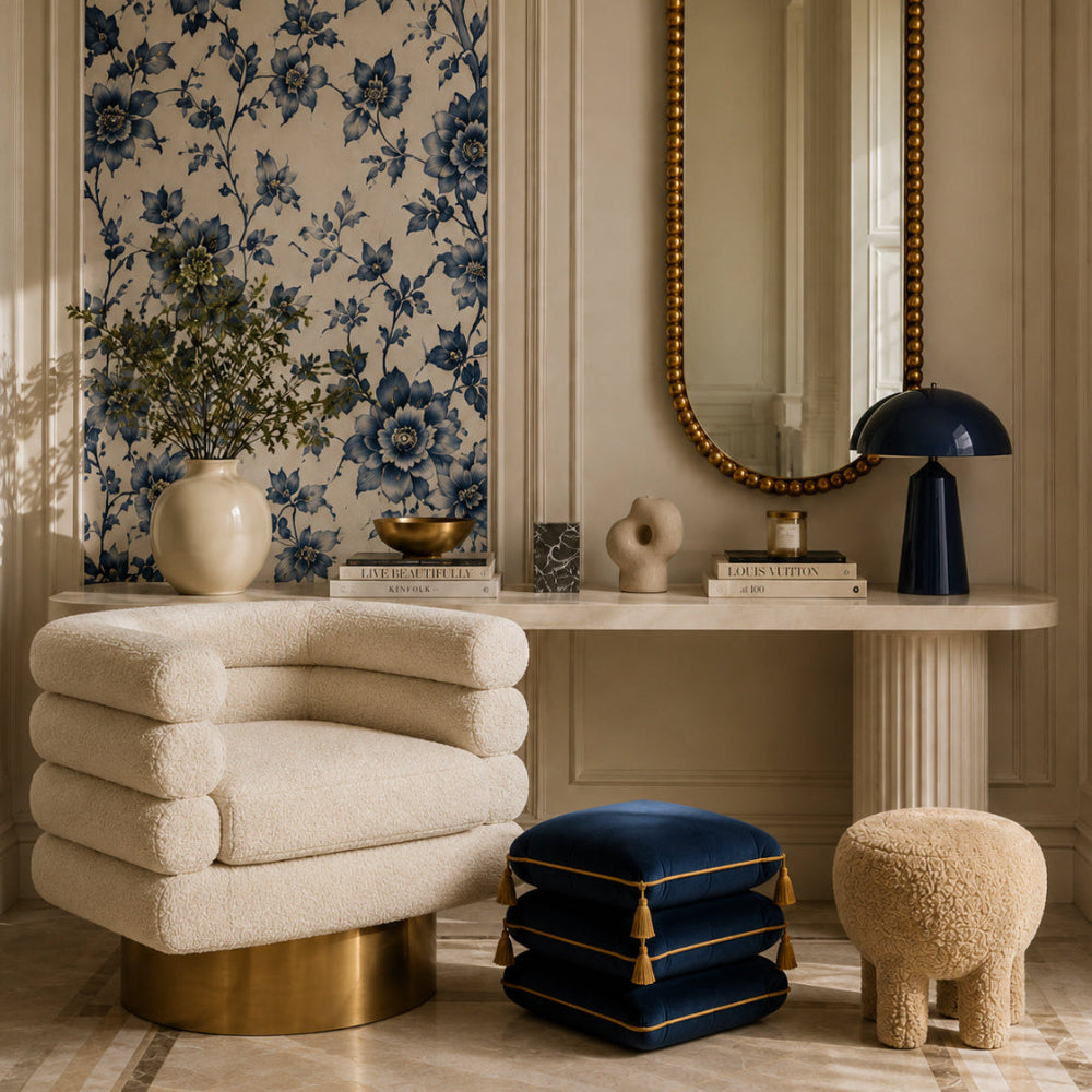 beige swivel chair - blue stool - oroa.com