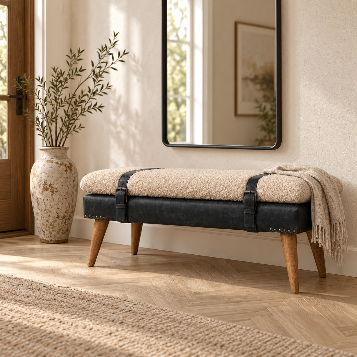 Nordic Bouclé and Leather Bench | OROA