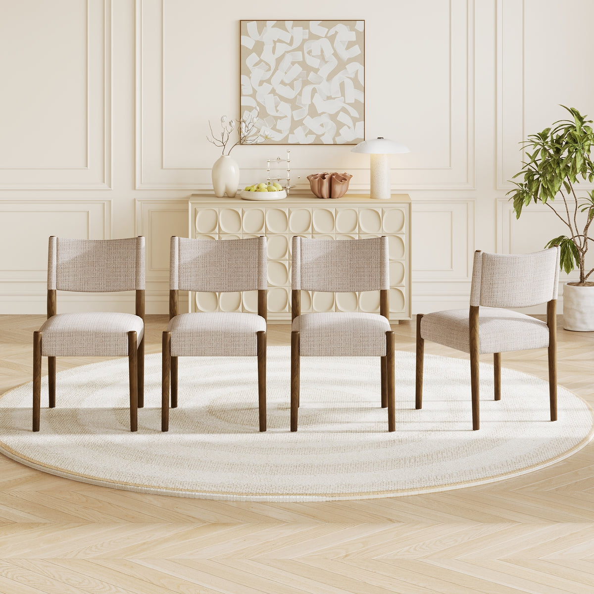 Upholstered dining chair with walnut-finish legs — set arranged in a dining room