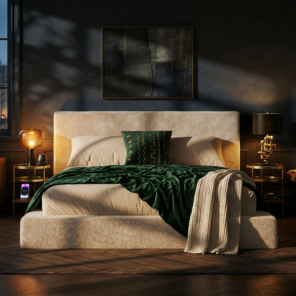 Cream Chenille Queen Bed with Sliding Side Trays – OROA, view 3