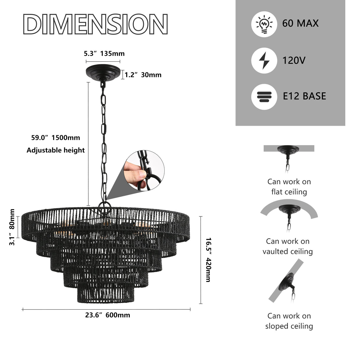 Rustic 5-Tier Black Hemp Rope Pendant Light Chandelier
