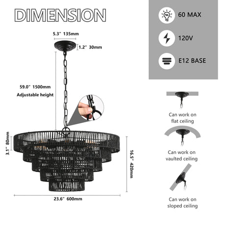 Rustic 5-Tier Black Hemp Rope Pendant Light Chandelier