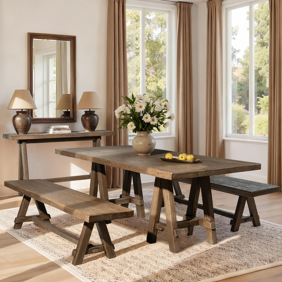 Hawthorne Reclaimed Elm Trestle Dining Bench, Heritage Medium Dark Brown - OROA Modern Furniture