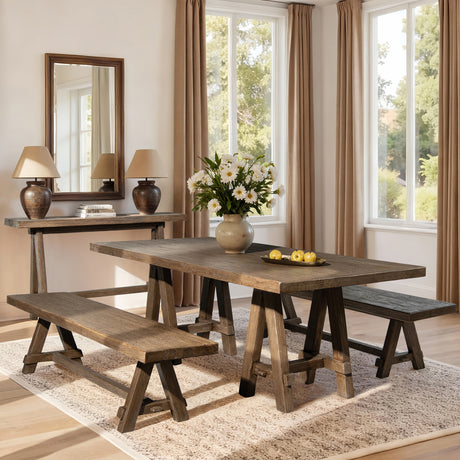 Hawthorne Reclaimed Elm Trestle Dining Bench, Heritage Medium Dark Brown - OROA Modern Furniture