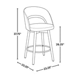 Dark brown upholstered counter stool with wood legs — dimension diagram