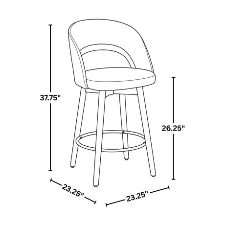 Dark brown upholstered counter stool with wood legs — dimension diagram