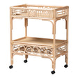 Natural Rattan 2-Tier Wine Cart with Wheels and Bottle Holders, Tropical Coastal Style - OROA Modern Furniture