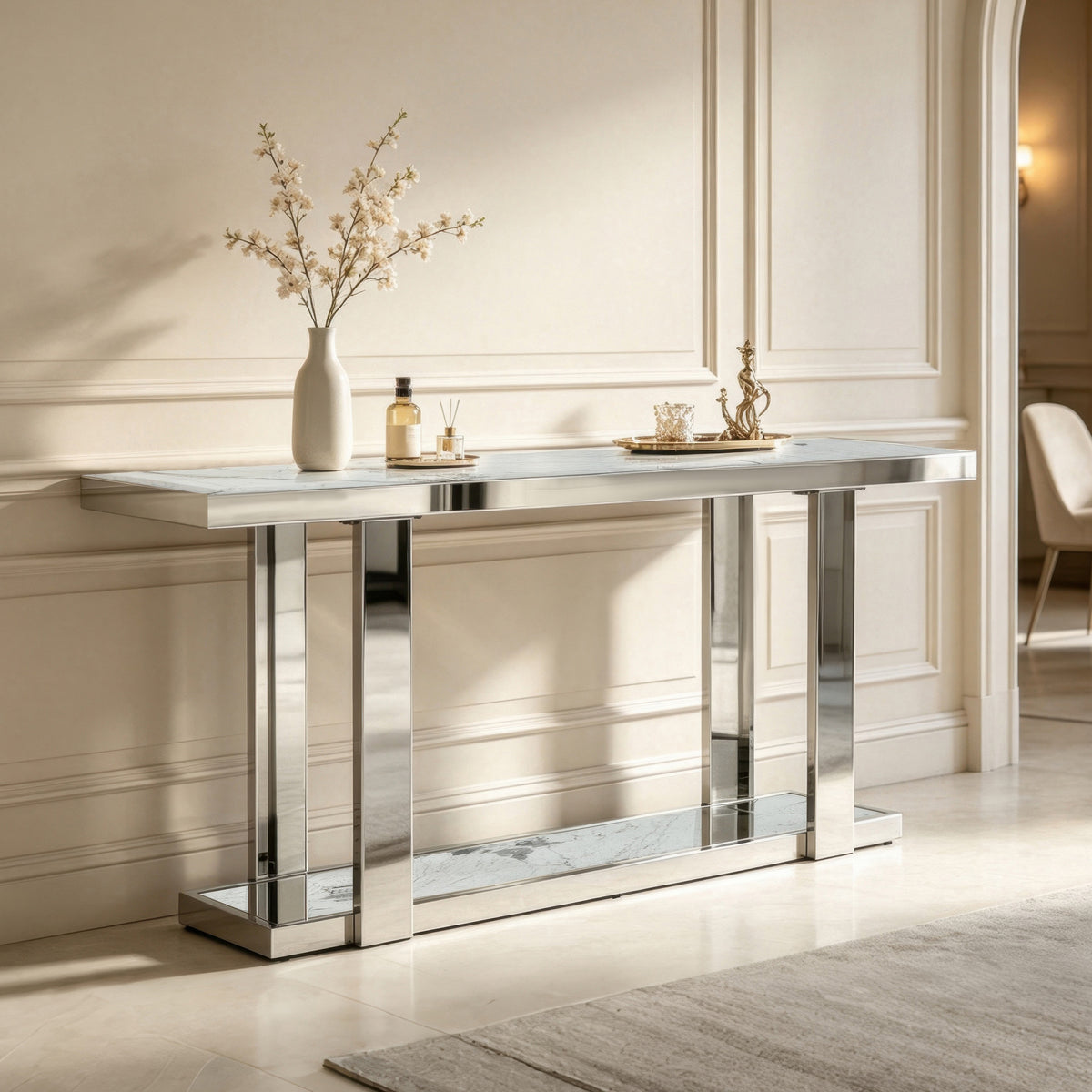 Silver and White Marble Look Two Tier Console – OROA, view 3