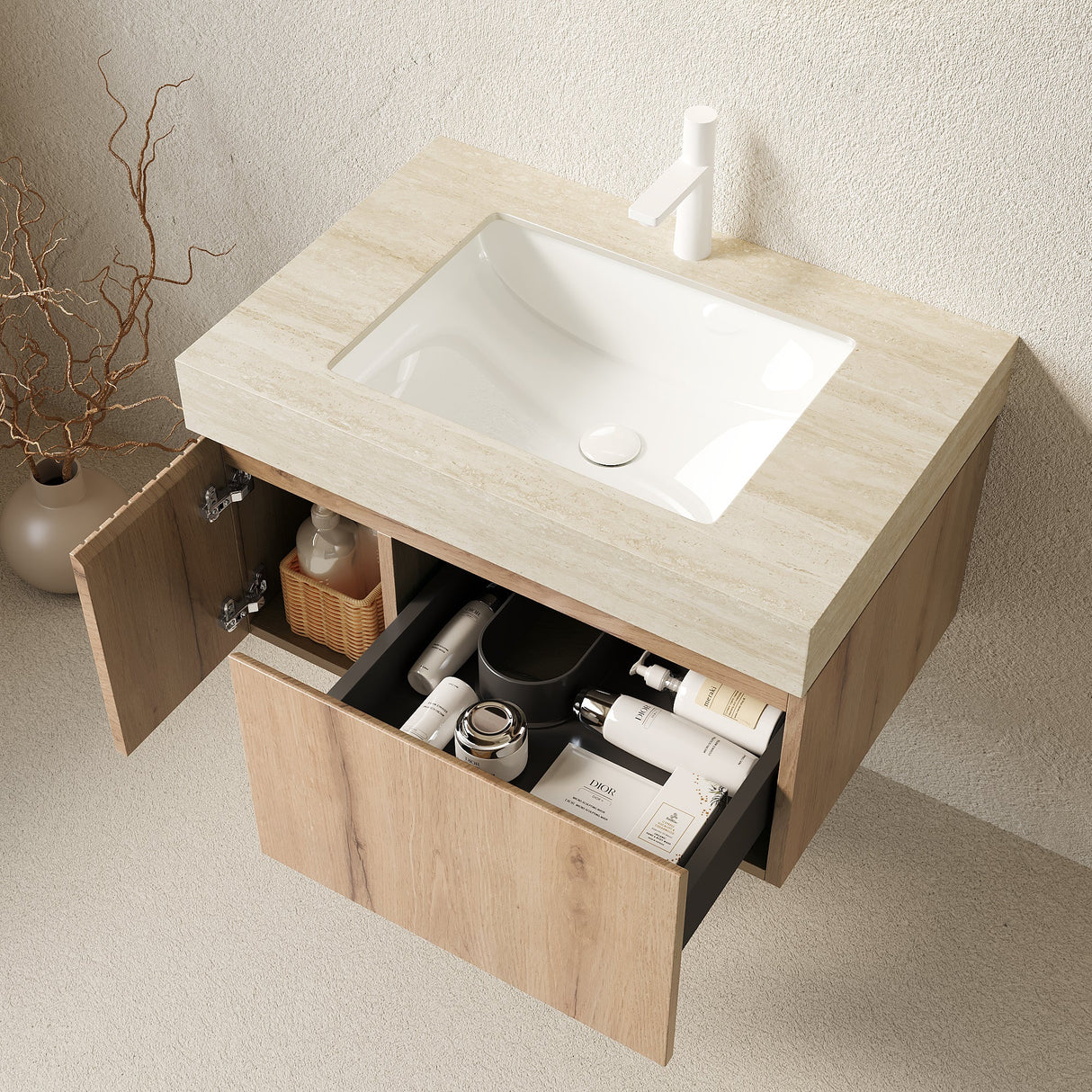Contemporary Bathroom Vanity & Sink Travertine - OROA