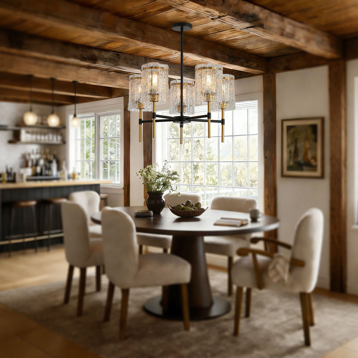 5 Light Farmhouse Chandelier, Textured Glass Pendant Light