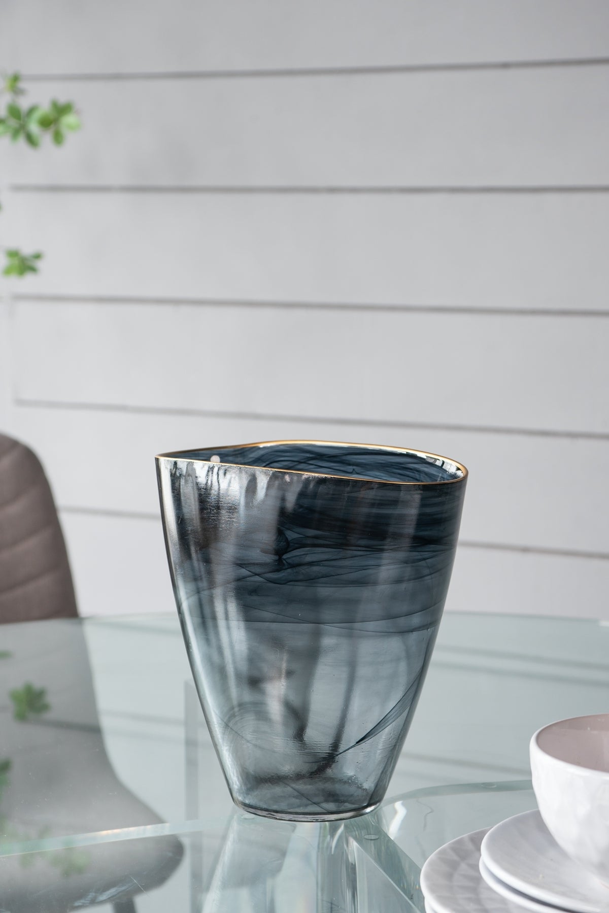 Smokey Black Glass Vase with Gold Rim
