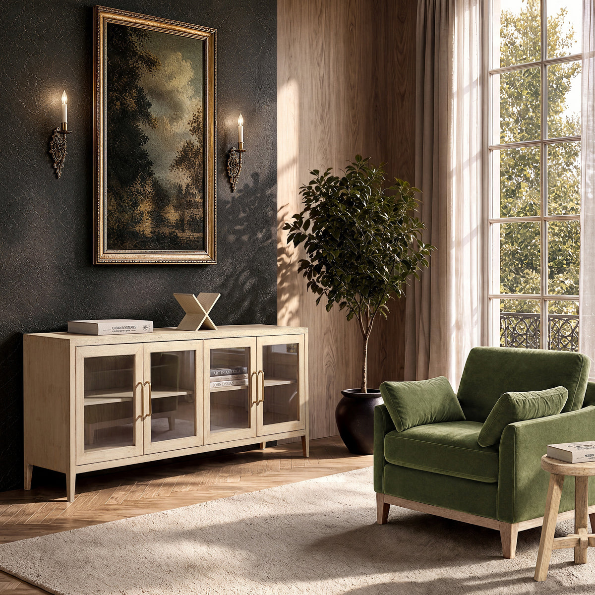 Marlowe Glass Door Sideboard with Brass Handles, Brushed White Reclaimed Pine - OROA Online Furniture