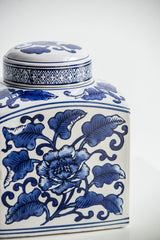 Hand Painted Square Canister - Blue/White Floral Pattern - OROA