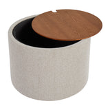 Cream Fabric Storage Tray Table with Walnut-Finish Lid — lid partially lifted